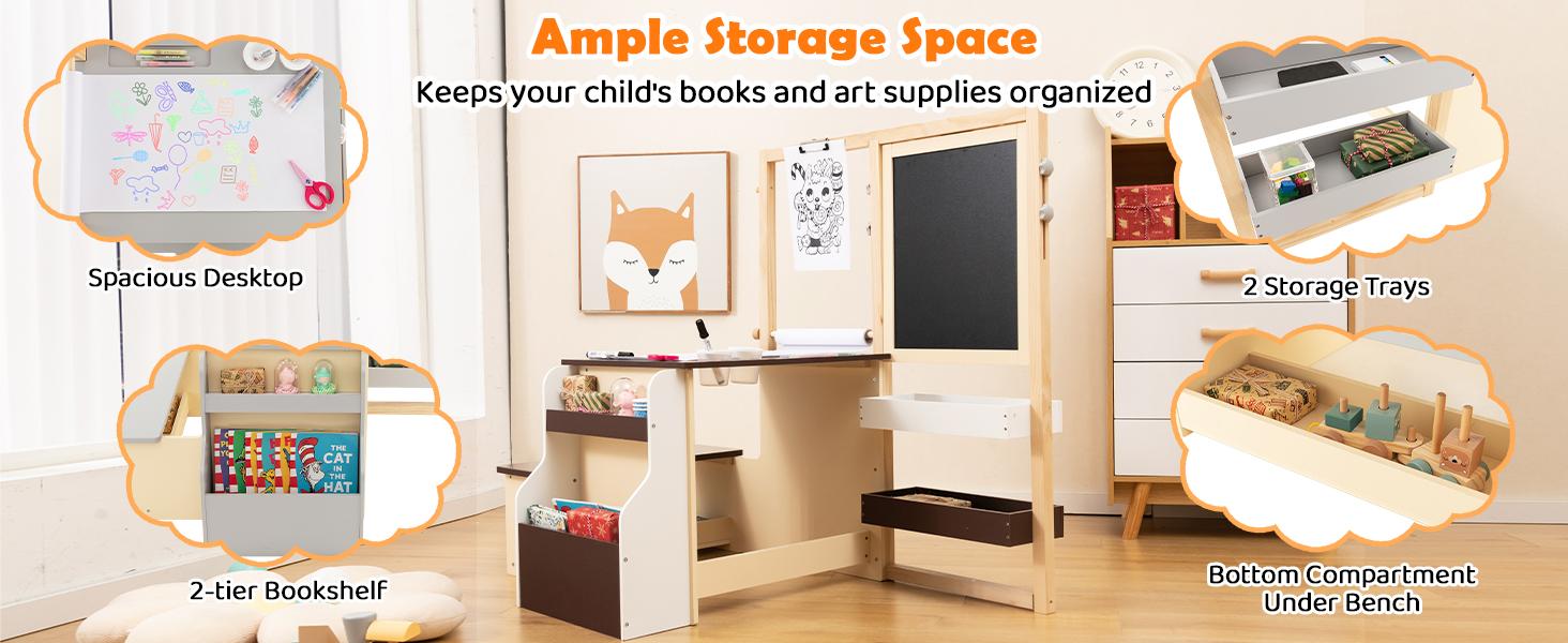 Costzon Easel for Kids, Wooden Art Center with Double-Sided Blackboard & Whiteboard, Paper Roll for Drawing, Crafts, Writing, Toddler Activity Table with Storage, Kids Table and Chair Set