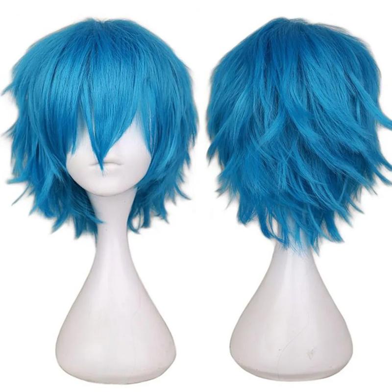Anime Sally Face mask inspired Wig Blue Short Synthetic Cosplay Wigs Heat Resistance Party Wigs Halloween Party