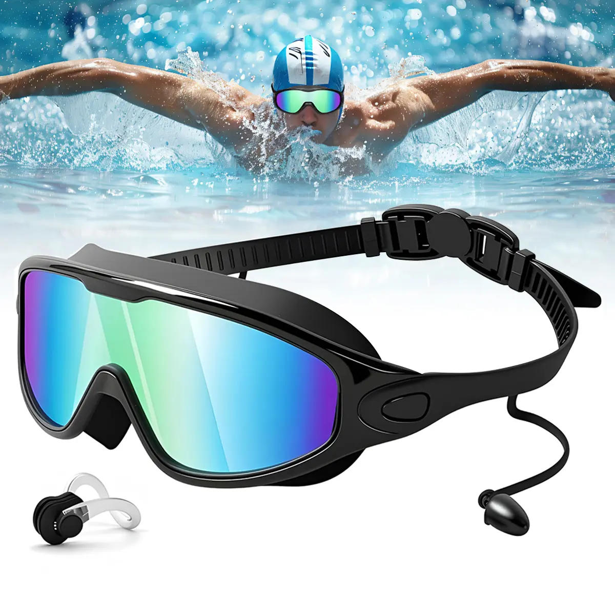 Lotosug Swim Goggles with Nose Clips and Ear Plugs for Adults and Teens, Anti-fog UV Protection No Leak 180° Wide View Clear Vision Pool Goggles, Easy to Wear, , No Leaking Swim Glasses for Men, Women Swimming #TikTokShopDealsforYouDays