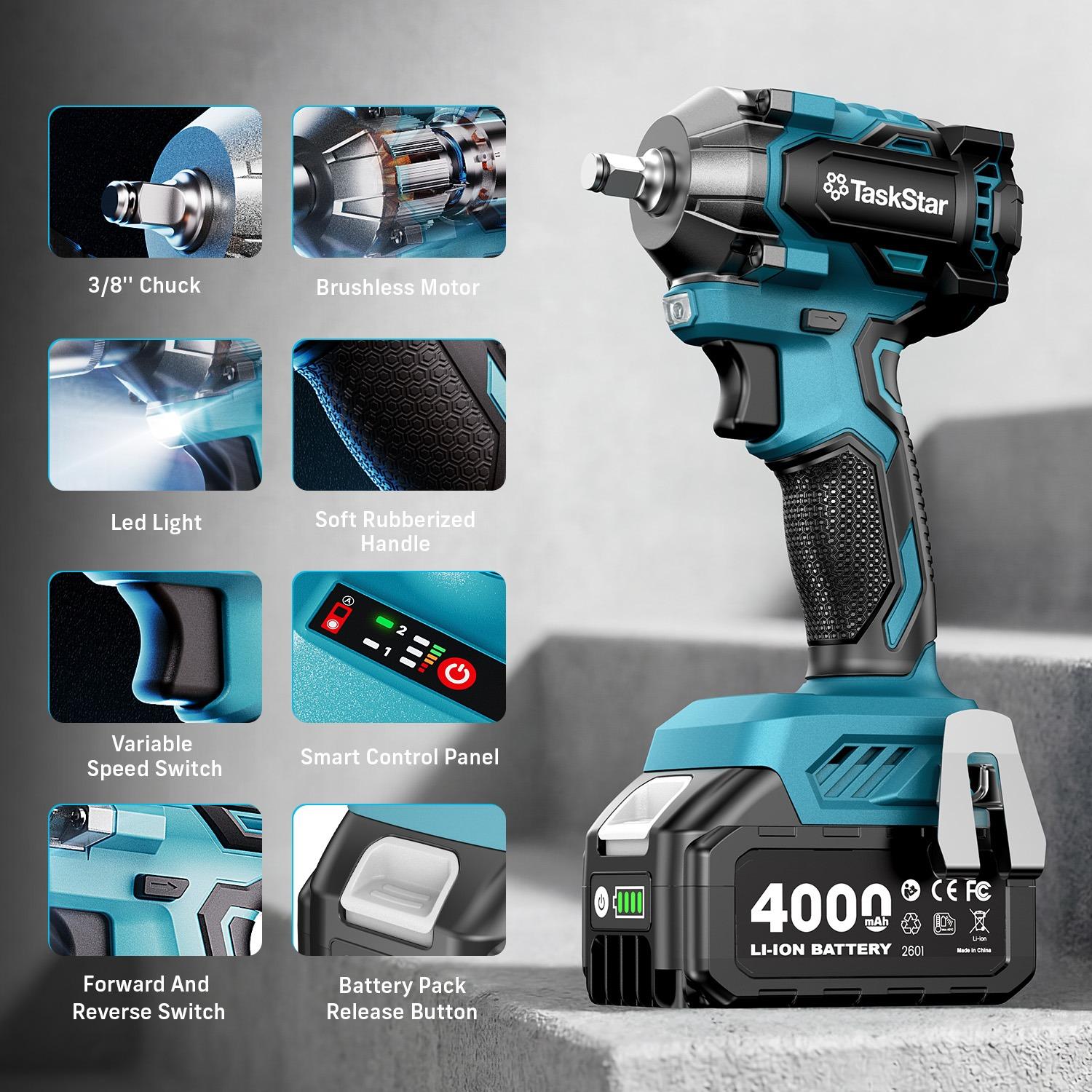 TaskStar 450N.m Cordless Impact Wrench 3/8 Inch(330Ft-lbs)  with Two 4000mah Battery, four Sockets, Power Tool for Professional Mechanics & DIY Enthusiasts
