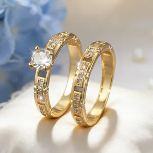 Gold Plated CZ Bridal Ring Set Micro Paved Band Four Prong Round Cut Wedding Engagement Jewelry