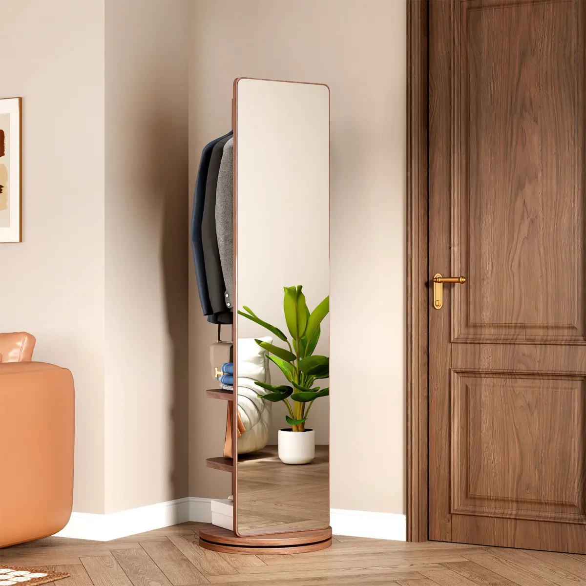 [Bellemave]360° Rotating 69"x16" Multifunctional Full Length Mirror with Hook Storage Rack Coat Rack with Mirror Solid Wood Floor Mirror Bedroom Living Room Cloakroom Space Saving (walnut)