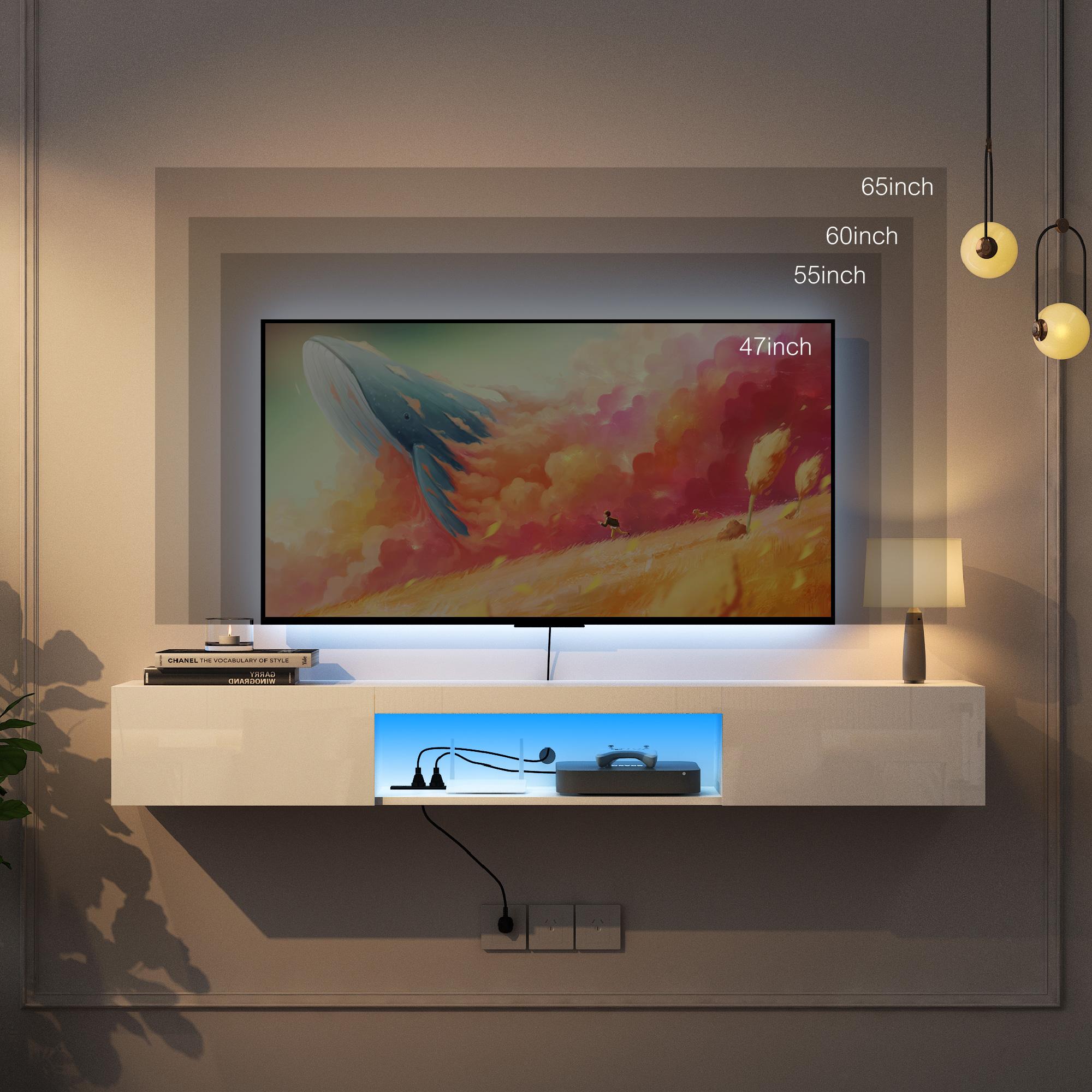 ​​Spaco Wall-Mounted Floating TV Stand – 63” Modern LED TV Console for 55/60/65” TVs, 16-Color RGB Lighting, White