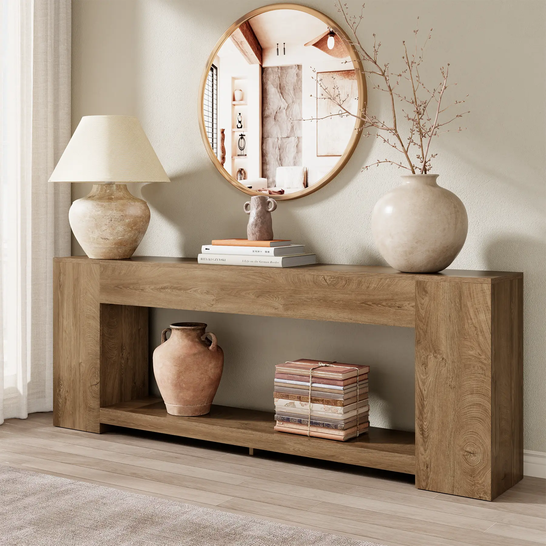 86-Inch Oak Wood Farmhouse Console Table - Rectangle Entryway Table with Dual-Level Layout, Behind-the-Sofa Storage, Open Lower Shelf, Solid Base & Natural Wood Home Aesthetic for Living Room