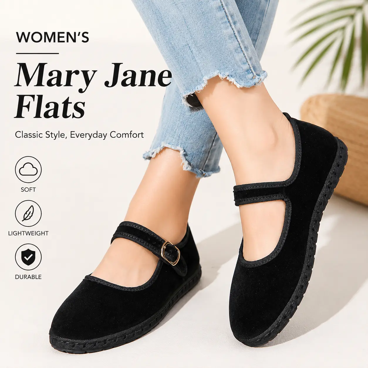 Women's Mary Jane Flats - Mary Janes Sneakers with Adjustable Gold Single Strap, Round Toe, Flat Sole, Retro Look, Soft Non-Slip Design, Suitable for Everyday Wear and Parties, Soft Fabric
