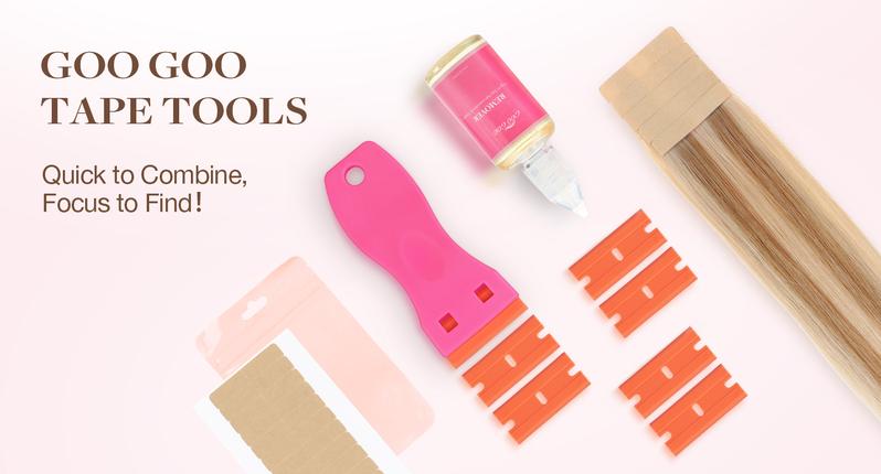 GOO GOO Tape Remover Scraper Tool Plastic Razor Blade Scraper with 10 Orange Replacement Blades, Hot Pink Plastic Scraper for Tape in Extensions, Effectively Removes Tape Residue