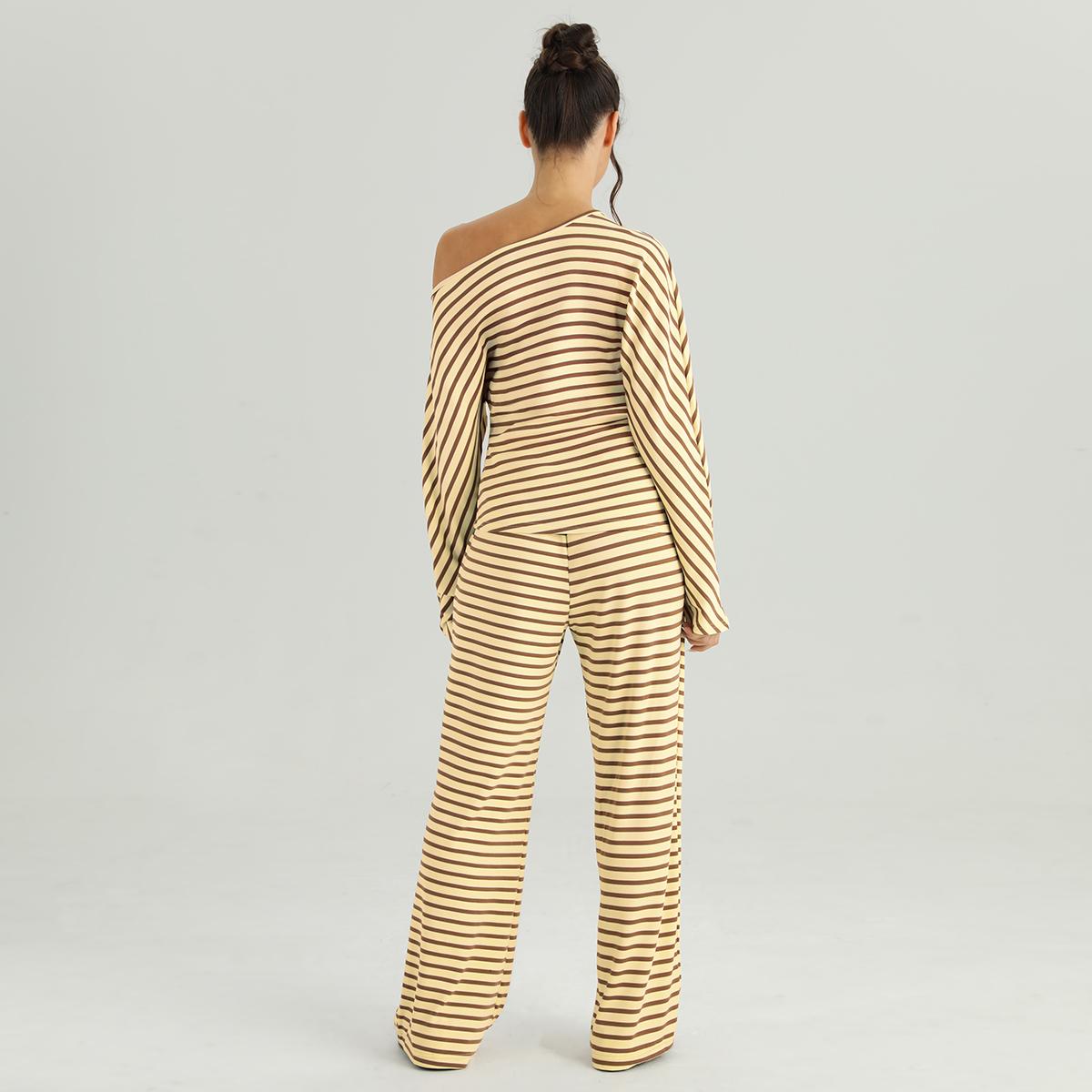 KatchMe Women's Versatile Sloping Shoulder Stripe Long Sleeve Top & Drawstring Waist Loose Trousers Co-ord, Comfort Basic Two Piece Outfits