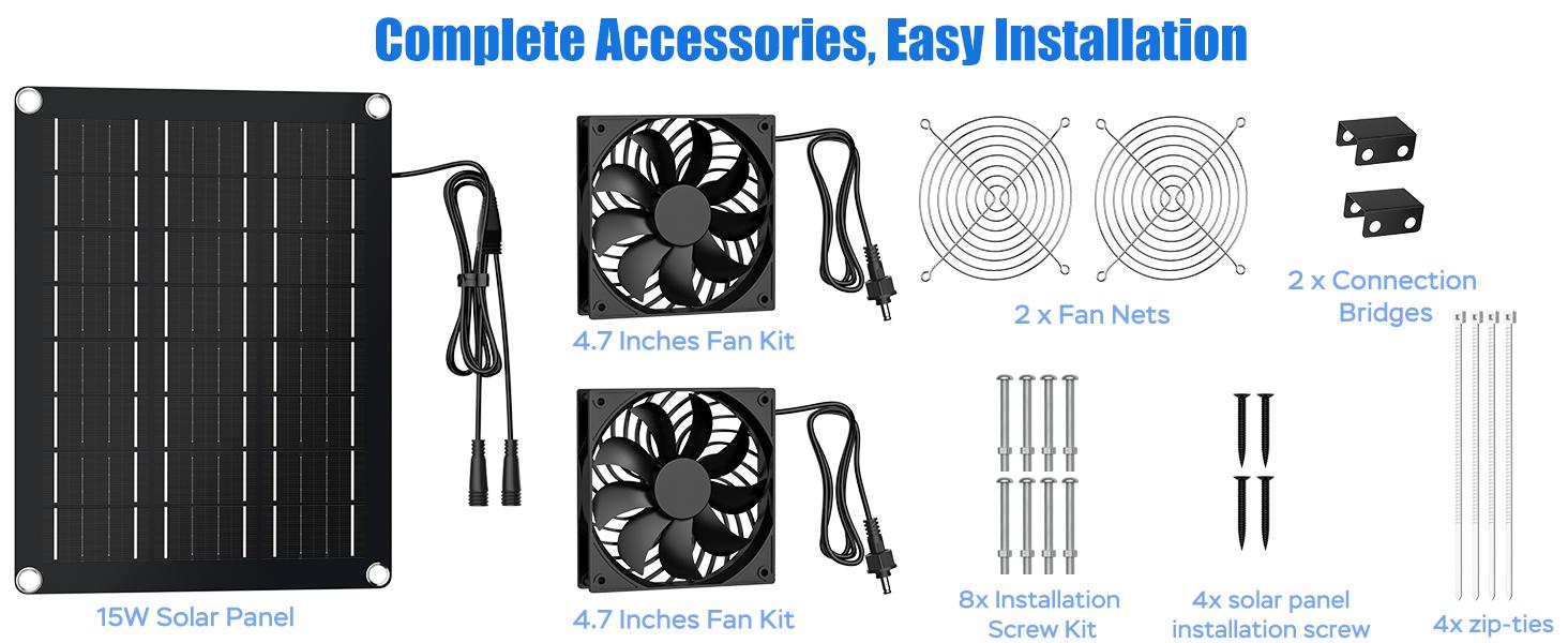 MARBERO 4.7 Inch Solar Powered Fan Kit 15W Solar Panel with 2 Waterproof Fans Intake or Exhaust Air Fan wtih 13 Ft Cable for Outside Backyard Chicken Coops/Greenhouses/Dog Houses/Pet Houses