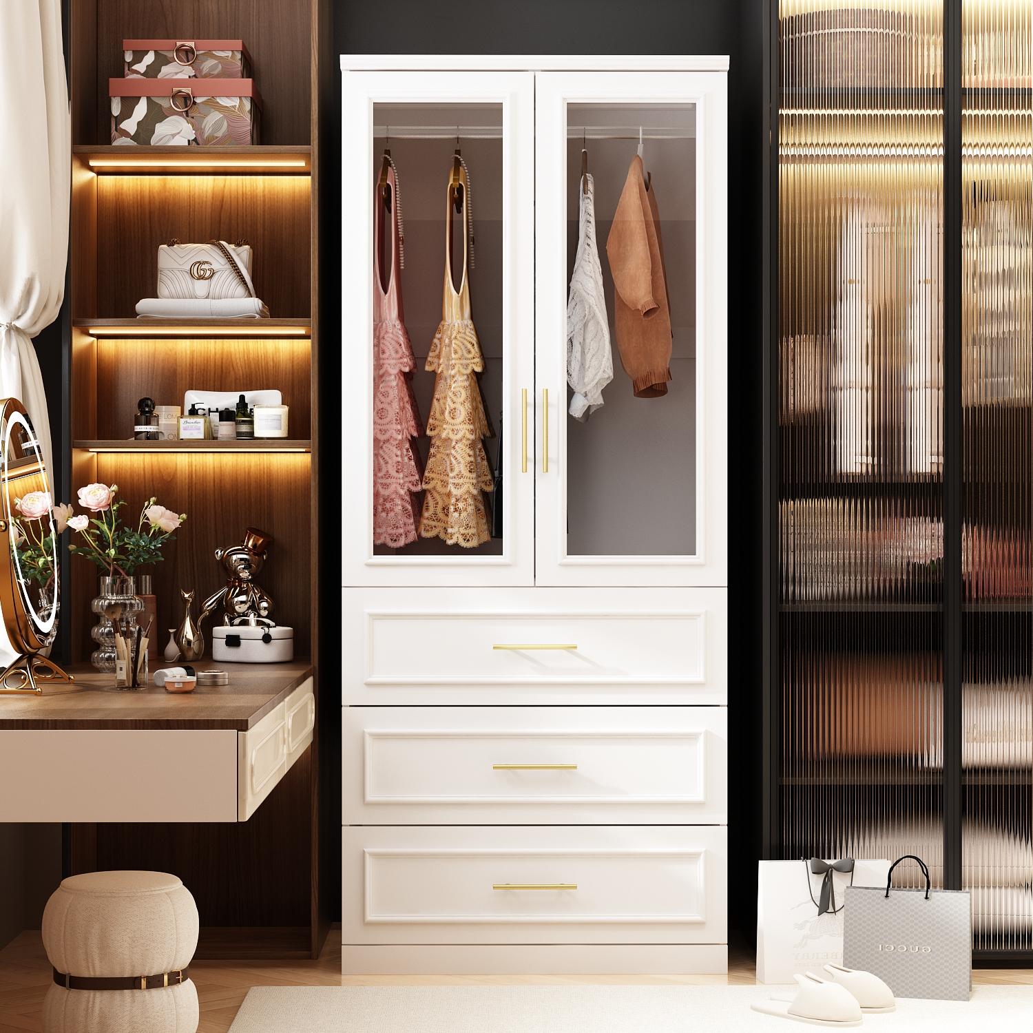 FUFU&GAGA 4 Door Wardrobe Closet with Shelves, Armoires and Wardrobes Wardrobe Closet with Hanging Rod, Gold Metal Handles, Bedroom Armoire Closet