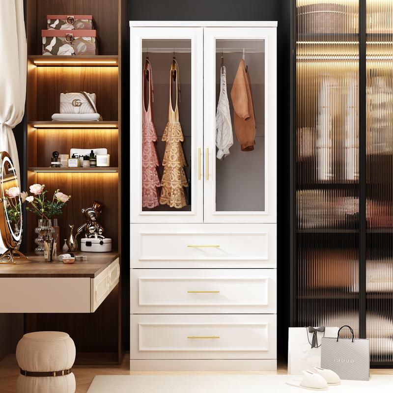 FUFU&GAGA 4 Door Wardrobe Closet with Shelves, Armoires and Wardrobes Wardrobe Closet with Hanging Rod, Gold Metal Handles, Bedroom Armoire Closet