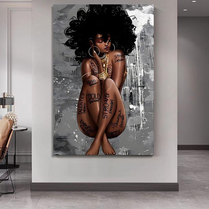 1 piece unique wood-framed canvas poster, Black Queen Poster African American Wall Art Black Girl Canvas Painting Black Woman Wall living Room decorative painting