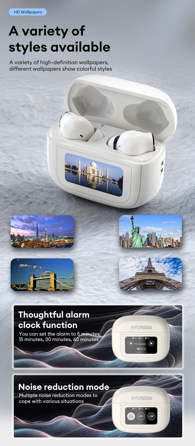 HYUNDAI Y22 In-Ear Wireless Headphones with 2025 Bluetooth 5.4, Touch Smart Screen, ANC Noise Reduction, Anti-Loss Function, High-Fidelity Audio Decoding, Ergonomic Comfortable Fit, Compatible with Mainstream Devices, Earbuds for Music & Calls