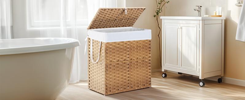 90L/110L Woven Rattan Laundry Hamper with Adjustable Lid, Dirty Clothes Busket, Foldable, Steel Frame, Machine Washable for Home, Bathroom, Bedroom