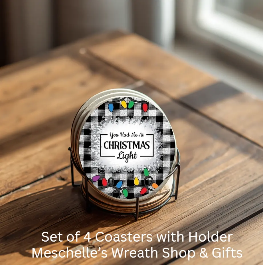 Ceramic Christmas Lighthouse Tableware Coasters Set of 4, Round Circle Coffee Coasters with Metal Holder