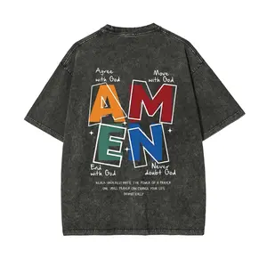 Agree With God,Move With God,End With God,Never Doubt God, Classic Letter Header Design, Shoulder Drop Design, God Bless You, Classic Retro Fashion Casual Popular Color Letter Pattern Printed Boutique 230g Washed Cotton T-Shirt, Men's washed pure cot