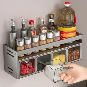 Multifunctional wall-mounted space-saving matte black aluminum spice rack, cooking utensil rack, spoon and fork organizer, kitchenware storage cabinet, suitable for spices, kitchen utensils and tableware.