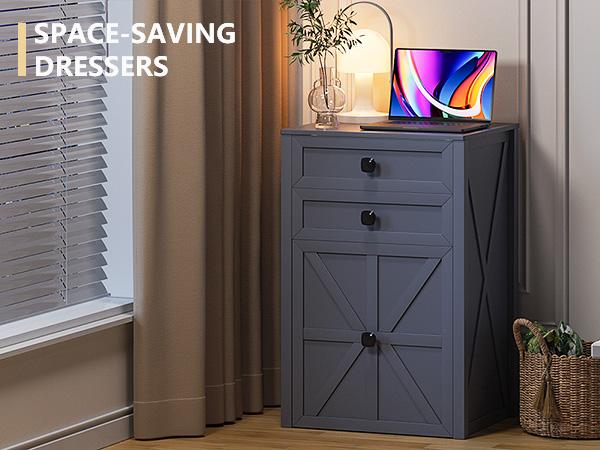 Miu Farmhouse 3 in 1 Vanity  , 3-Color Adjustable Lighting, Cushioned Stool for Bedroom Organization LED Bedside Table with Drawers Dimmable Mirror