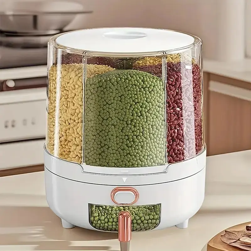 Large Capacity Transparent 360-Degree Rotatable 6-Compartment Kitchen Grain Dispenser with Measuring Cup, 1-Click Access, Intelligent Quantitative Design, Kitchen Utensil for Grain, Pet Food Storage
