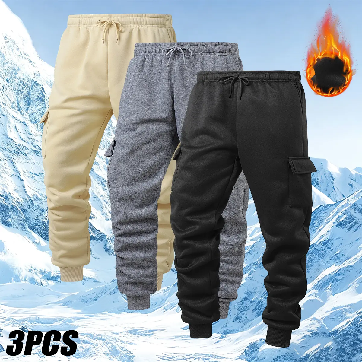 3Pcs Men's Fashion Fleece-Lined Cargo Pants, Warm Casual Sports Pants,  Comfortable Fabric, Multi-Pocket Design, Very Suitable for Winter Wear, Casual Sports, Outdoor Activities, The Best Choice for Outdoor Life