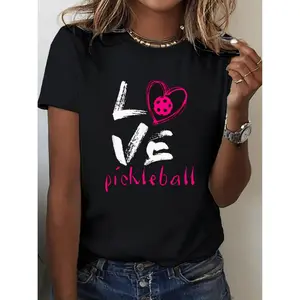 Women's I Love Pickleball Graphic T-Shirt 100 Short Sleeve Crew Neck Casual Sporty Top With Lettering Design Perfect For Sports Parties And Birthdays Machine Washable Gift For Pickleball Fans