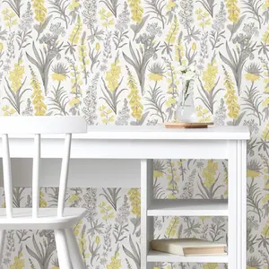 Peel and Stick Wallpaper Roll 20.5" x 16 ft Yellow & Grey Botanical Vintage Floral Modern Removable Self-Adhesive for Accent Walls