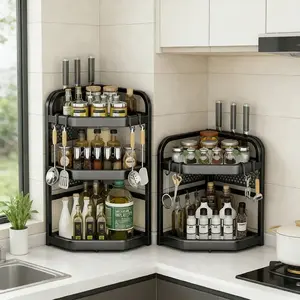 Kitchen Corner Rack Tripod Stainless Steel Seasoning Rack Countertop Storage Rack Wall Hanging Drill-Free Spice Rack Organizer Space Saving-Black Trumpet Three Floors