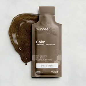 HUNNEE Calm | Raw Honey Electrolytes Dietary Supplement with Ashwagandha, Raw Cacao & Magnesium Glycinate | Gluten-Free, Nut-Free, Non-GMO, Plant-Based | Cacao Crème Flavor | 21g (14 Sachets)