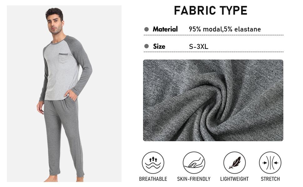 MoFiz Men's Long Sleeve Pajama Set with Modal Pants and Pockets for Fall and Spring Soft Casual Loungewear Crewneck Nightwear Homewear Pjs Pyjamas Menswear Suit Beige Light Grey