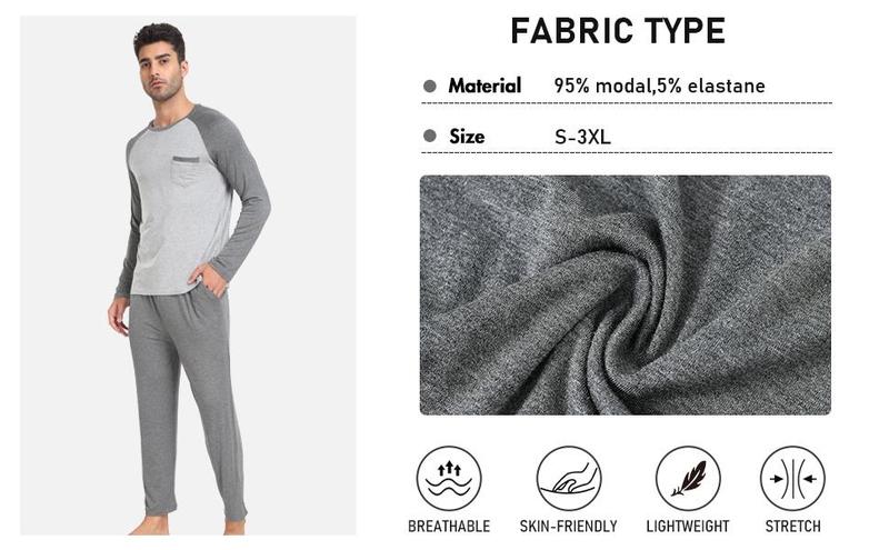 MoFiz Men's Long Sleeve Pajama Set with Modal Pants and Pockets for Fall and Spring Soft Casual Loungewear Crewneck Nightwear Homewear Pjs Pyjamas Menswear Suit Beige Light Grey
