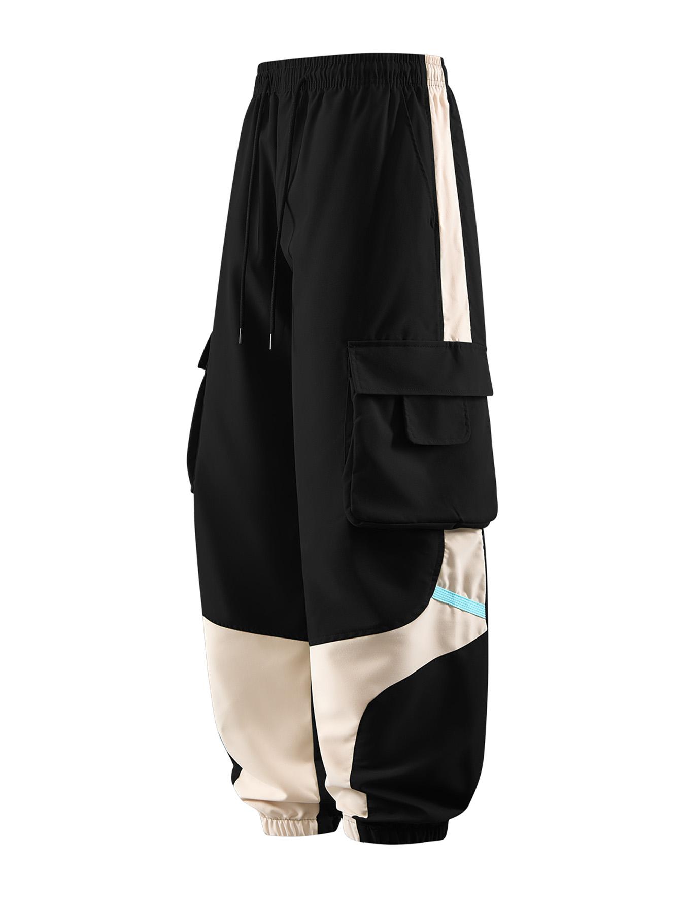 CCCMAI Men's Cargo Pants with Multiple Pockets - Durable Polyester, Machine Washable, Perfect for Hiking and Outdoor Activities, Breathable Comfortable Loose Fit Long Pants with Color-Blocked Side Panels and Drawstring Waist Design. Menswear