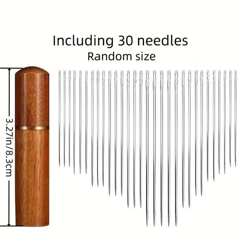 Self-threading Needle Set, 30pcs/set Multi-purpose Household Hand Sewing Needle with Wooden Needle Case, Sewing Supplies for Home & Cloth Shop Use