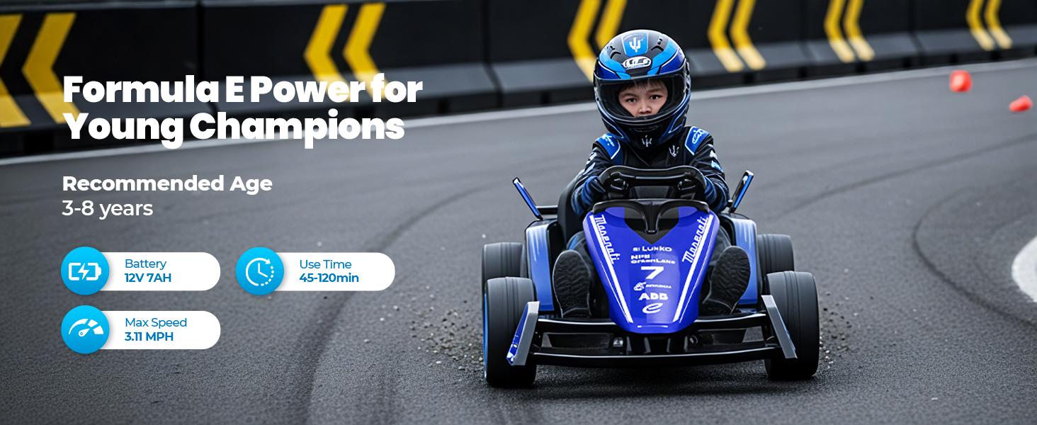 【Sophia & William】Kids 12V Electric Formula E Go Kart for Ages 3‑8 with Remote, 3 Speeds & Safety Belt, Outdoor Ride‑On Toy, Blue/Orange