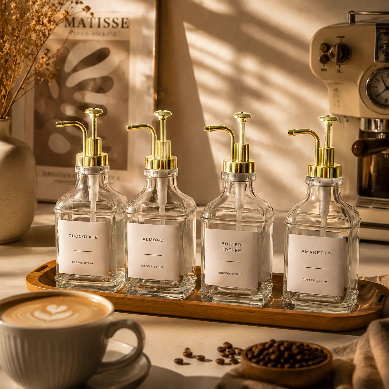 4-Pack Aesthetic Glass Storage Bottles & Jars Set - 16.9oz Square Syrup Dispensers with Gold Pumps, Label-Clear ID, Recyclable, Luxe Vibe Coffee Bar Organizer for Syrup, Honey