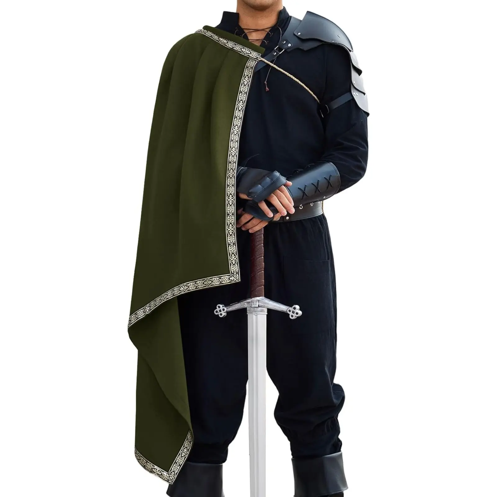 Runcati Men's Renaissance Shawl Half-Shoulder Cape - Medieval Samurai Cloak for LARP Warrior, Menswear Clothes, Casual Cosplay & Medieval Look Costumes (Ren Faire, Halloween)