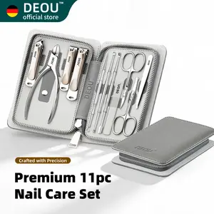 DEOU 11pcs Nail Grooming Set Stainless Steel Manicure Tools with Durable Leather Storage for Men Women Gray Essential All-Purpose Grooming Kit