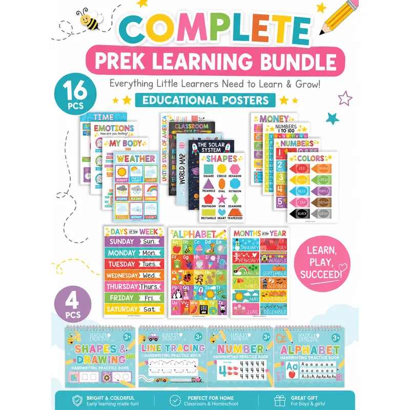 Hadley Designs Preschool Learning Bundle - 16 Pcs English Alphabet Educational Posters & Magic Grooved Handwriting Workbook Set, Designed for Preschoolers to Build Essential Early Skills, Homeschool Ages 3-7