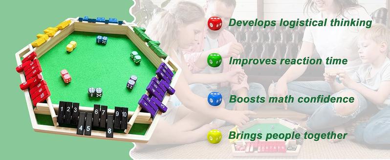 Shut The Box – Colorful Wooden Board Game for 6 Players with 12 Dice, Educational Math & Number Fun for Kids, Adults, Family, Party Game (Instructions Included)