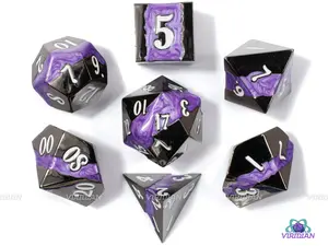Grape Treat (discontinued) | Thicc Stripe, Shiny Black-Silver with Purple Stripe | Metal Dice Set (7)