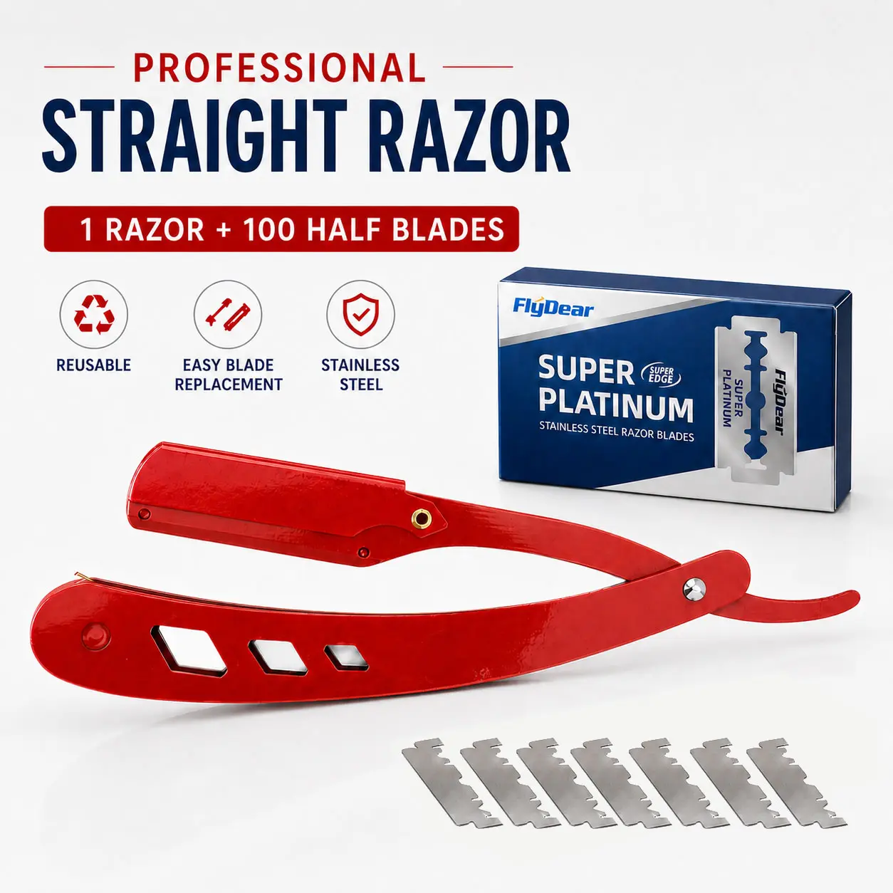 Men's Professional Smooth-Handle Foldable Straight Edge Shaving Razor Kit - Stainless Steel Reusable Manual Shavette with 100 Safety Blades for Beard Shaping, Daily Grooming