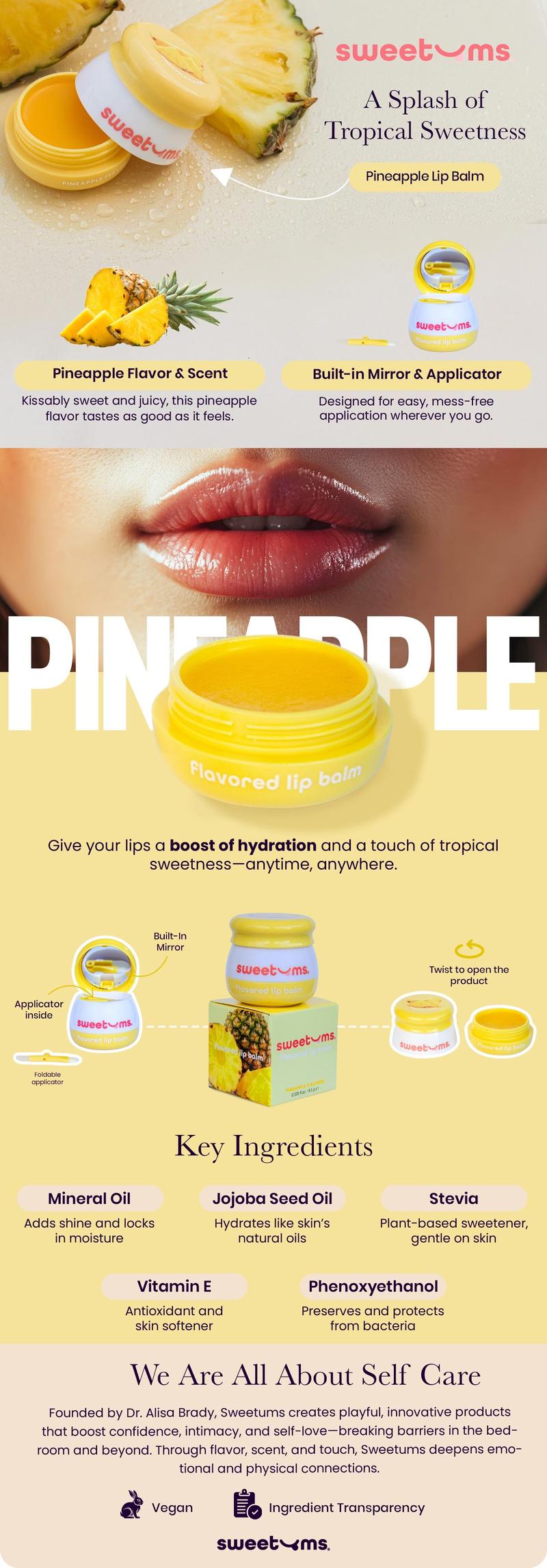 Sweetums Pineapple Flavored Lip Balm - Vegan & Cruelty-Free with Built-in Mirror & Applicator, 9.5 oz, Refreshing Tropical Flavor glossy hydrating gloss