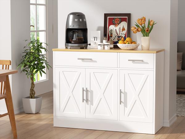 Walsunny Farmhouse Sideboard Buffet Cabinet with Storage with 3 Doors & 2 Drawers, Barn Doors Entryway Buffet Cabinet with Storage, Adjustable Metal Kitchen Cabinet,White