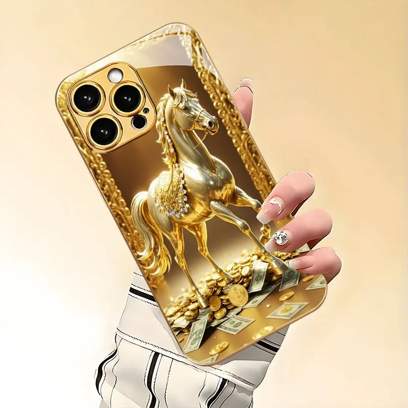Advanced Luminous Golden Horse New Electroplated Gold Phone Case for iPhone 16, 15, 14, 13, 12/iPhone 16, 15, 14, 13, 12 Plus/iPhone 16, 15, 14, 13, 12 Pro/iPhone 16, 15, 14, 13, 12 Pro Max/iPhone 11/11 Pro/11 Pro Max Full Coverage Anti-drop Tempered Glas