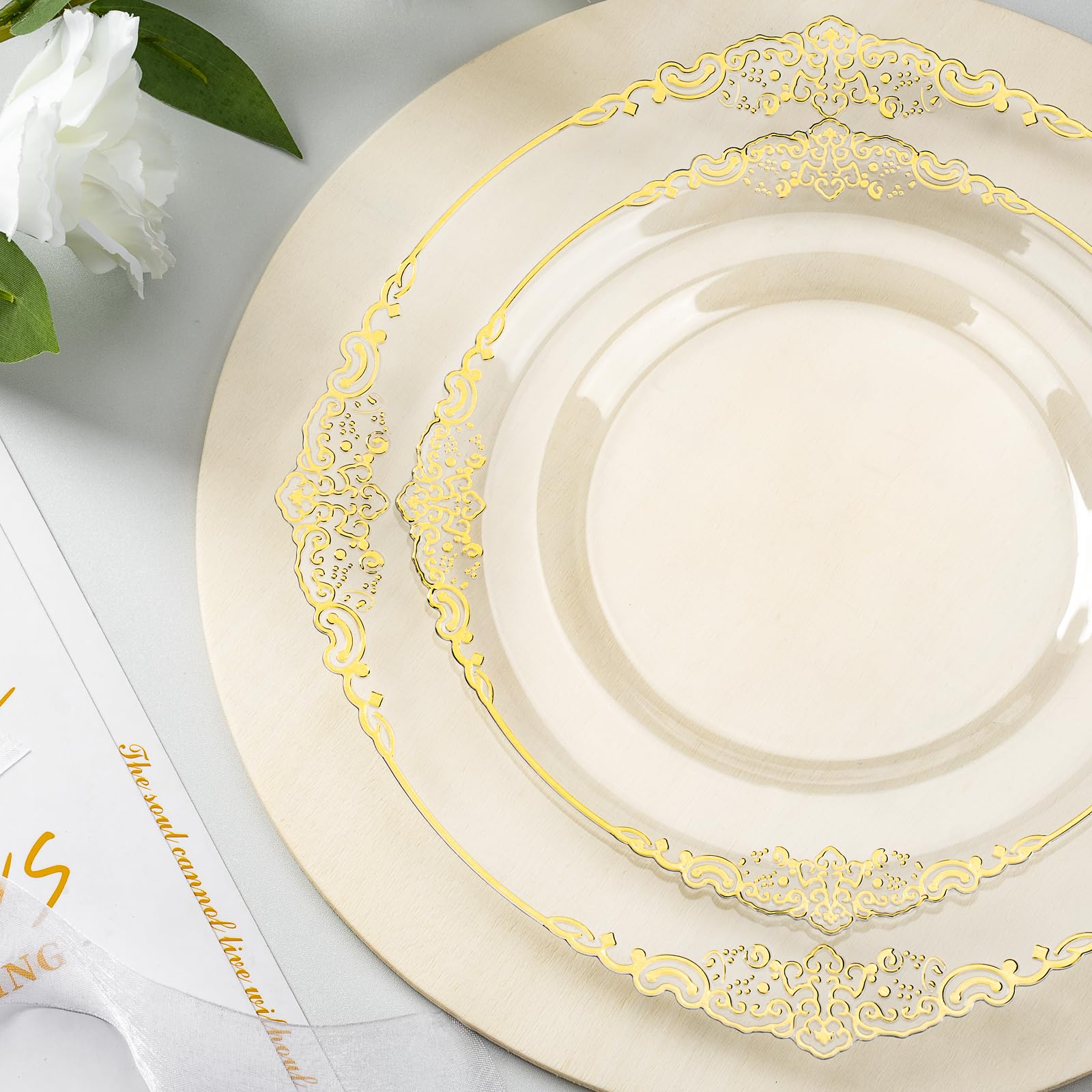 GOODLUCK 350 Piece Clear Gold Plastic Dinnerware Set for 50 Guests Includes 50 Plates 50 Dessert Plates 150 Silverware 50 Napkins 50 Cups Perfect for Party Wedding Elegant Design BPA-Free Food-Grade Plastic GOODLUCK 350 Piece Clear Gold Plastic Dinnerware Set for 50 Guests Includes 50 Plates 50 Dessert Plates 150 Silverware 50 Napkins 50 Cups Perfect for Party Wedding Elegant Design BPA-Free Food-Grade Plastic