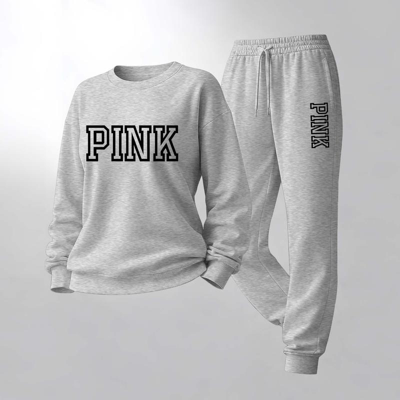 Women's Pink Letter Print Crewneck Sweatshirt and Drawstring Track Pants Set, Casual Sportswear, Long-Sleeve Round Neck Top and Pants, Suitable for Spring, Autumn and Winter, Everyday Wear