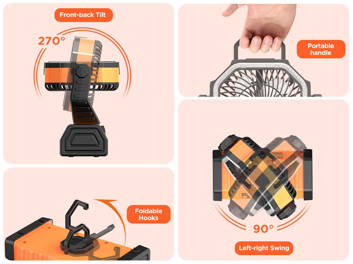 OGERY Rechargeable Camping Fan with LED Light, Portable Multi-functional Fan with 360° Rotating Hook, Oscillating Emergency Camping Fan Cordless Rotatable Battery Powered Lightweight