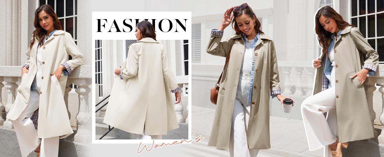 WoodBerry Women's Long Trench Coat Single Breasted Classic Collar Check Lining Oversized Windproof Overcoat Fashion Outerwear