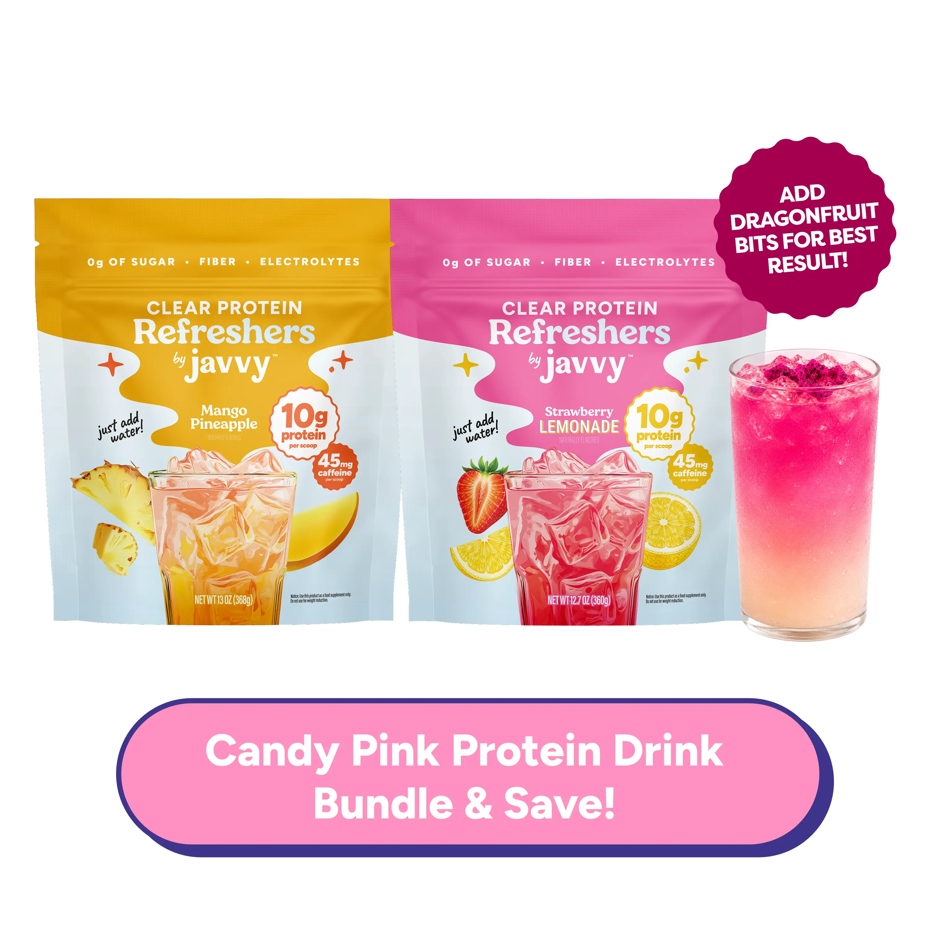 Javvy Candy Pink Protein Drink TikTok Exclusive Bundle Strawberry Lemonade & Mango Pineapple Refresher Clear Whey Protein Drink Mix, 45mg Caffeine, 0g Sugar, 10g Protein, With Fiber & Electrolytes, 20 Servings Each