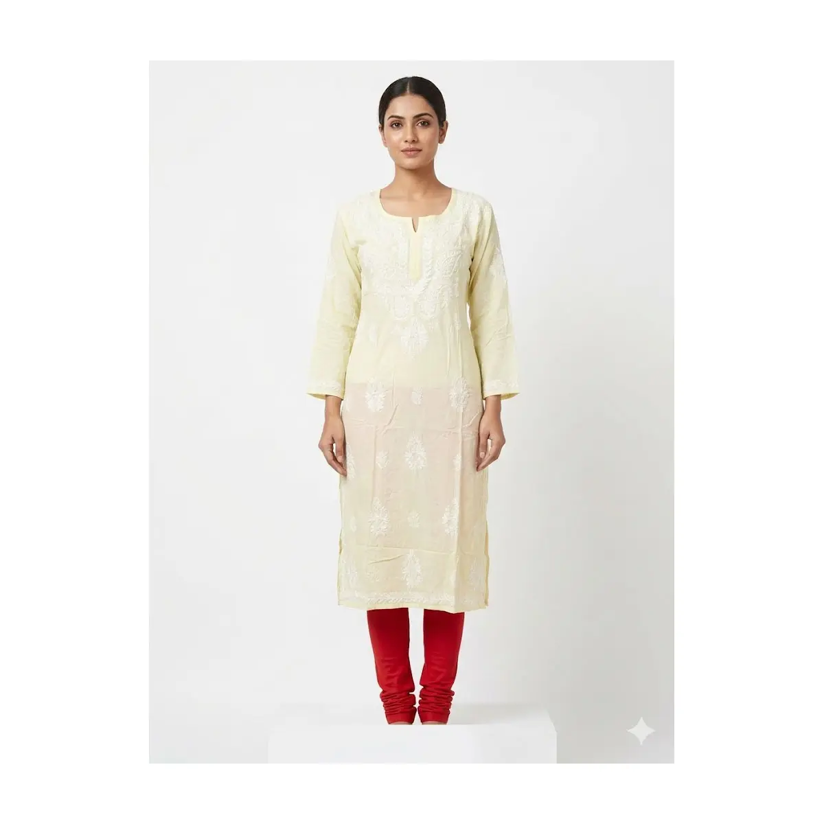 #Top-97 Elegant  light yellow Chikankari Kurti – Embroidered Cotton Tunic (Long Sleeve)