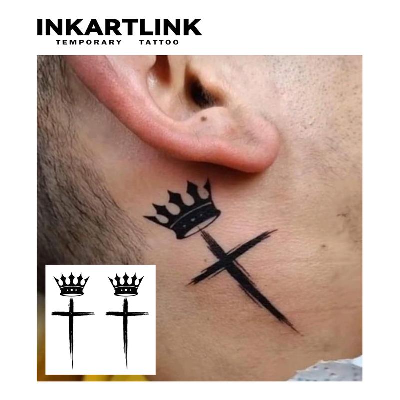 INKARTLINK Tattoo Tech Cross Series Crown Temporary Tattoos 2 Sheets Semi-Permanent Waterproof Realistic Look for Men and Women Ideal for Swimming Party - Temporarytattoo