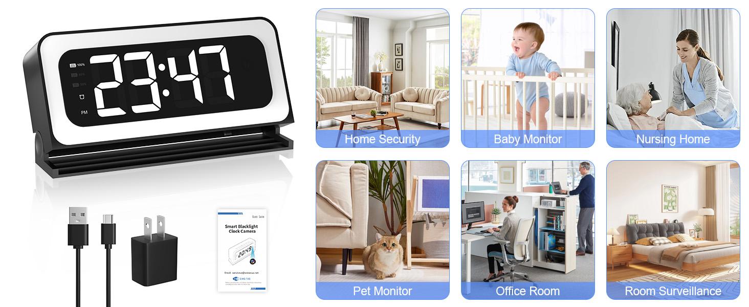 3MP HD Wireless Clock Camera  , Night Vision, Motion Detection, Loop Recording, 2.4GHz WiFi Connectivity, Battery Powered, Remote Real-Time Viewing, Perfect for Home, Office, Warehouse Monitoring